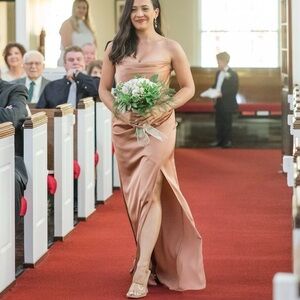Azazie Bridesmaid Dress - “Strapless Stretch Satin Sheath Dress” in Bronzer